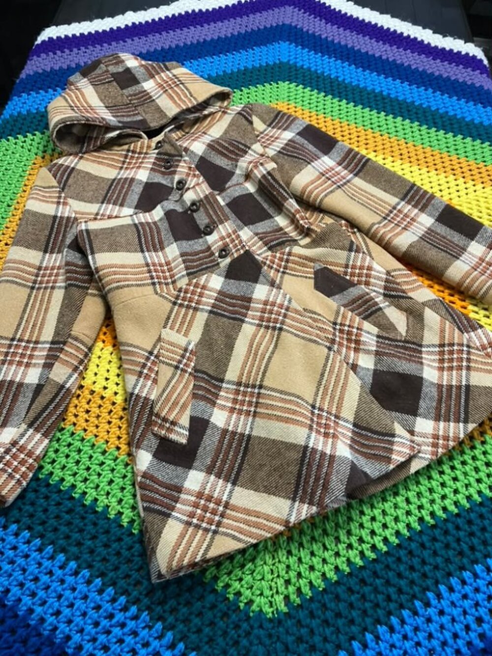60's Vintage Sears Fashion Brown Beige Plaid Mod Marsha Brady Hooded Pea Coat